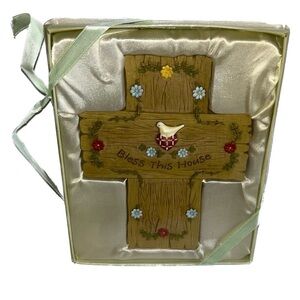 Russ Berrie I Believe Bless This House Decorative Cross 6in Floral Hearts Dove